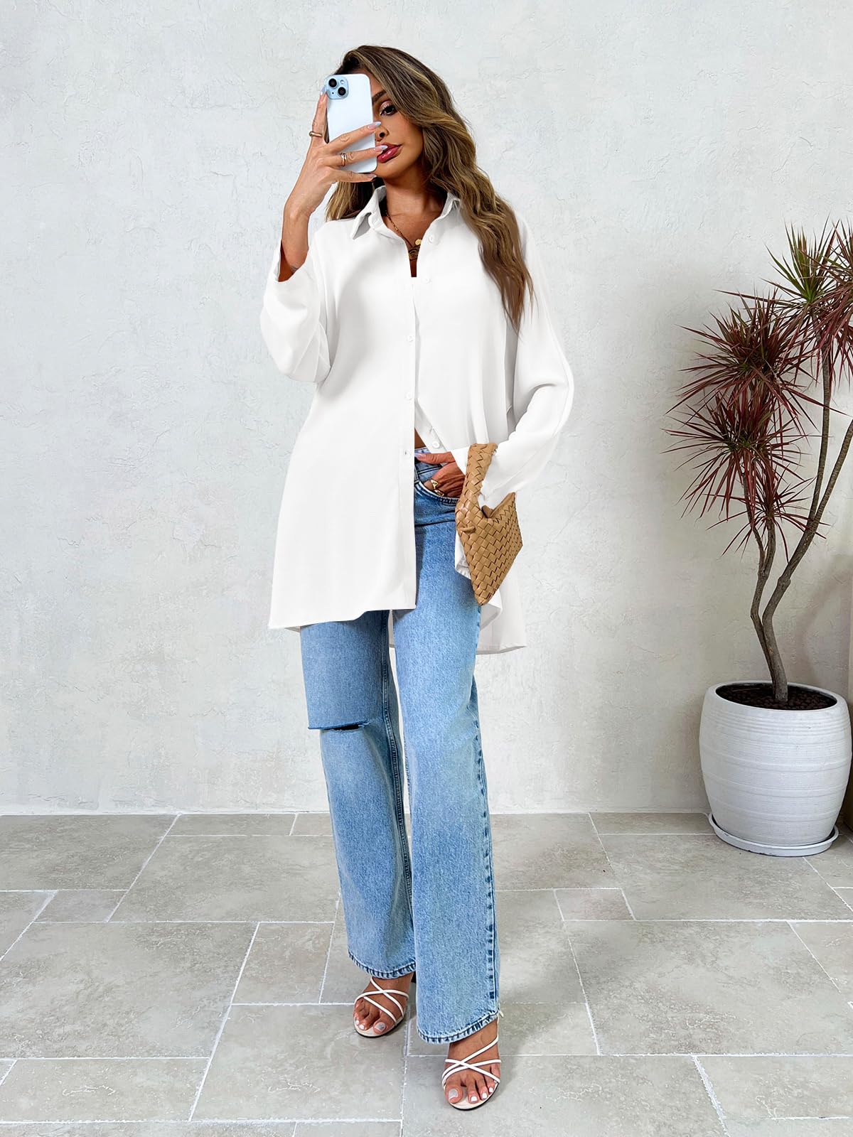 Cicy Bell Chemisier surdimensionné à manches longues pour femme - Col en V - Satin d'été - Élégant - Couleur unie - Décontracté