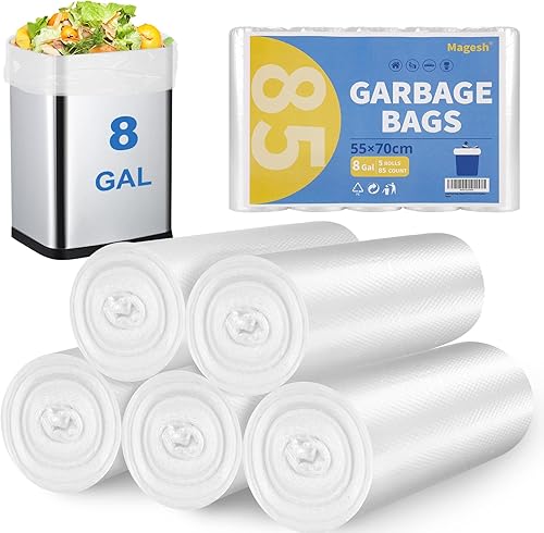 Magesh - Bolsas de basura pequeñas de 8 galones fuertes, de 6 a 8 galones, 85 unidades, bolsas de basura medianas sin perfume, sin fugas, para baño,