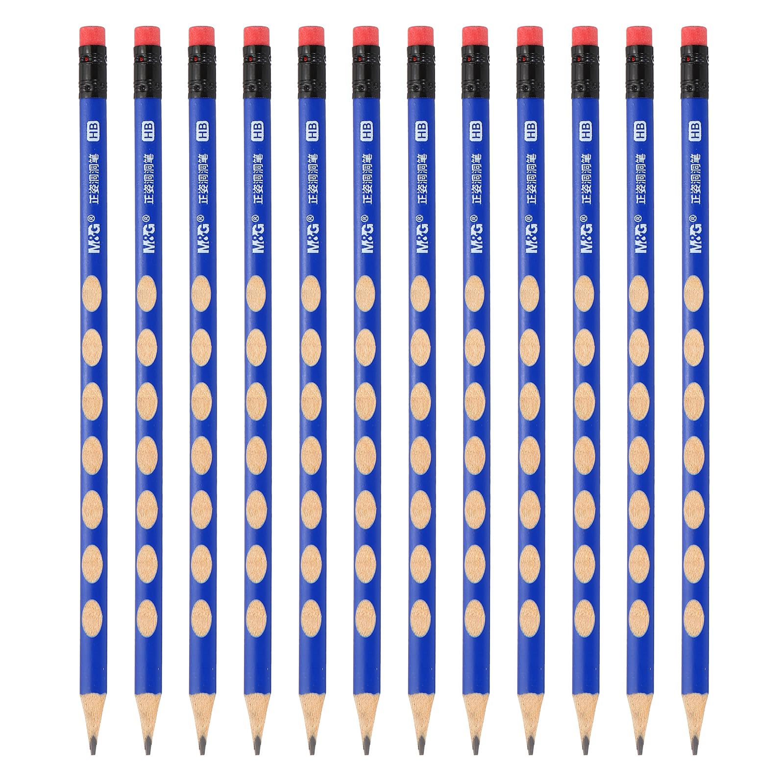 M&G Wooden Triangular Pencils, 12 Pcs HB Graphite Round Pencils with Eraser for Classroom & Office, Blue