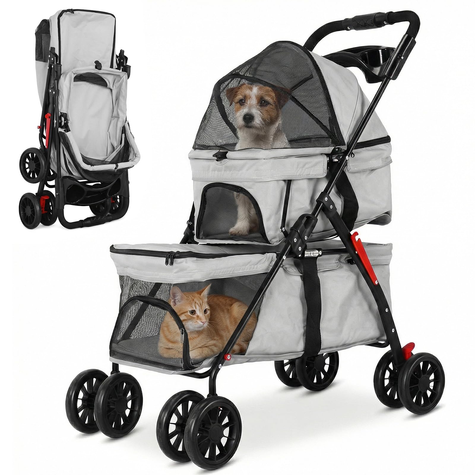 Passeggino per animali domestici a doppio strato per cani e gatti di piccola e media taglia, 3 in 1, pieghevole, passeggino da viaggio leggero, 100 cm x 73 cm x 49 cm (grigio)