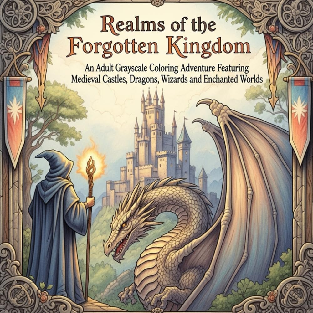 Realms of the Forgotten Kingdom: An Adult Grayscale Coloring Adventure Featuring Medieval Castles, Dragons, Wizards, and Enchanted Worlds