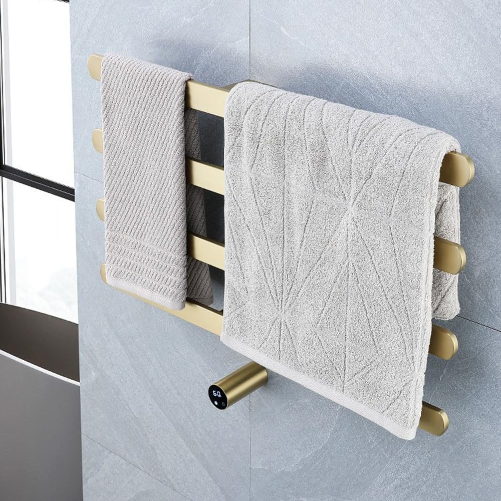 Heated Towel Racks for Bathroom,Concealed installatio Electric Towel Warmer with Timer & Temperature Control,Stainless Steel Towel Heater,Brushed Gold,110V,4 Bars