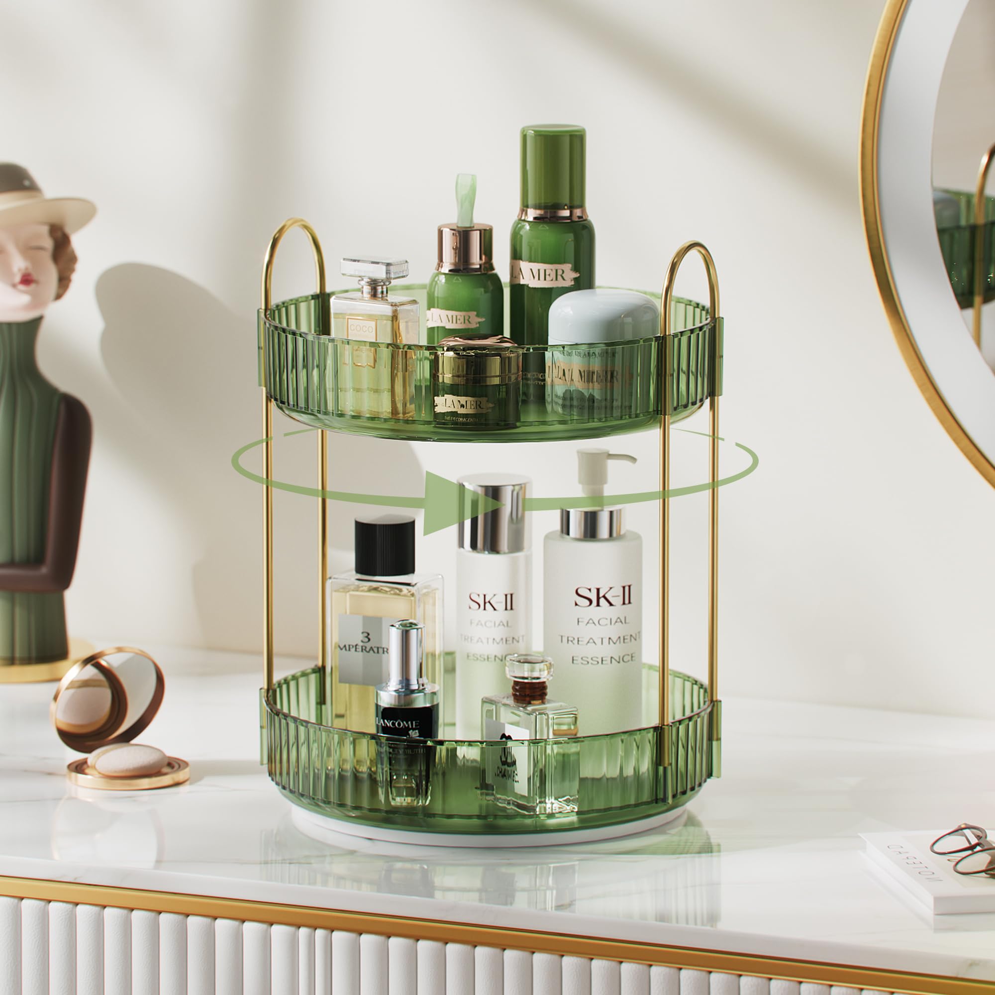 Photo 1 of 360 Rotating Makeup Organizer for Vanity, 2 Tiles Make Up Organizers and Storage for Countertop Kitchen Bathroom, High Capacity Perfume Skincare Cosmetics Organizer R2-Green