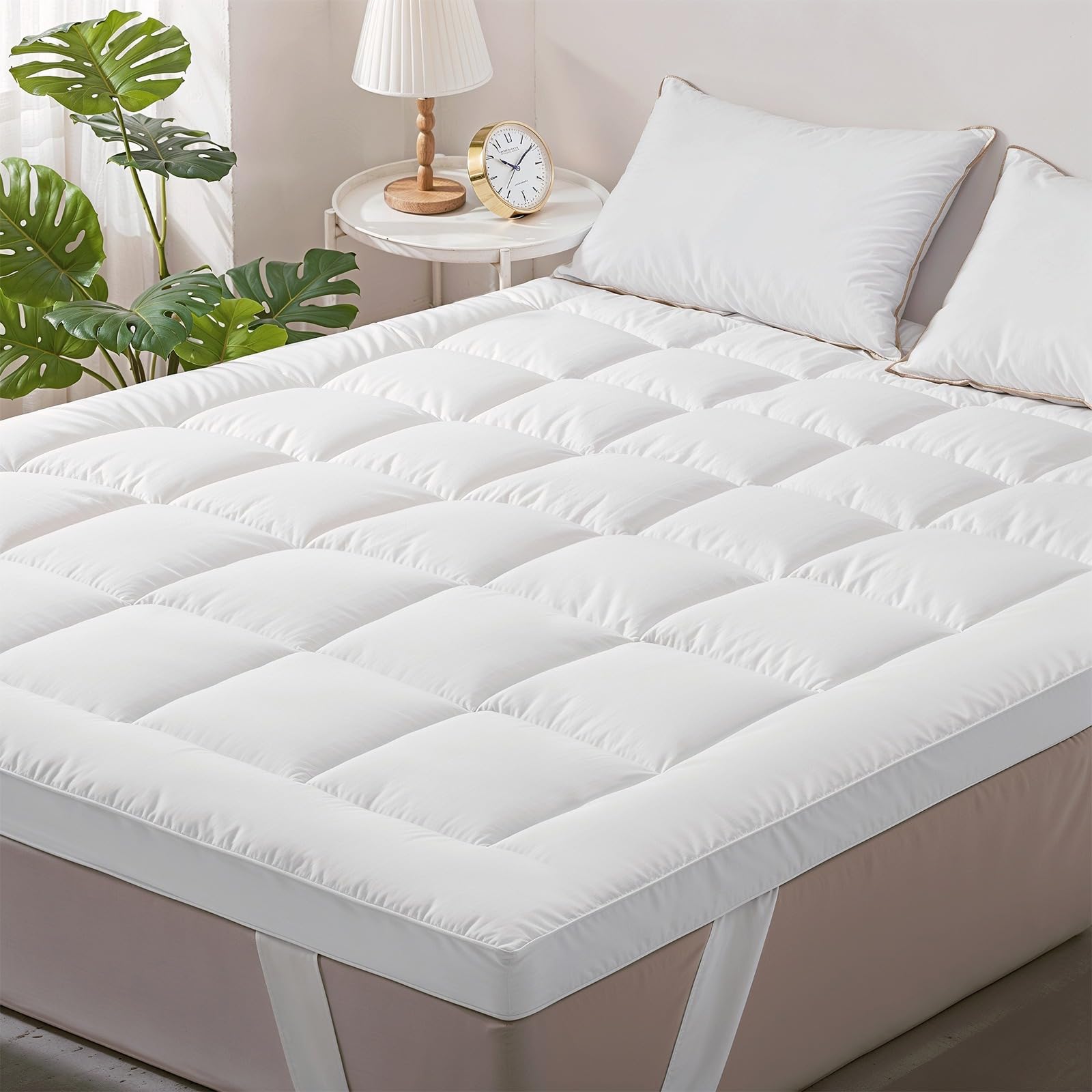 Zouk White Mattress Topper Double Bed – 4 Inch (10Cm) Thick, Quilted Extra Deep – Ultra Soft & Breathable Microfiber – Double Mattress Topper With Secure Elastic Straps (137X190+10Cm)