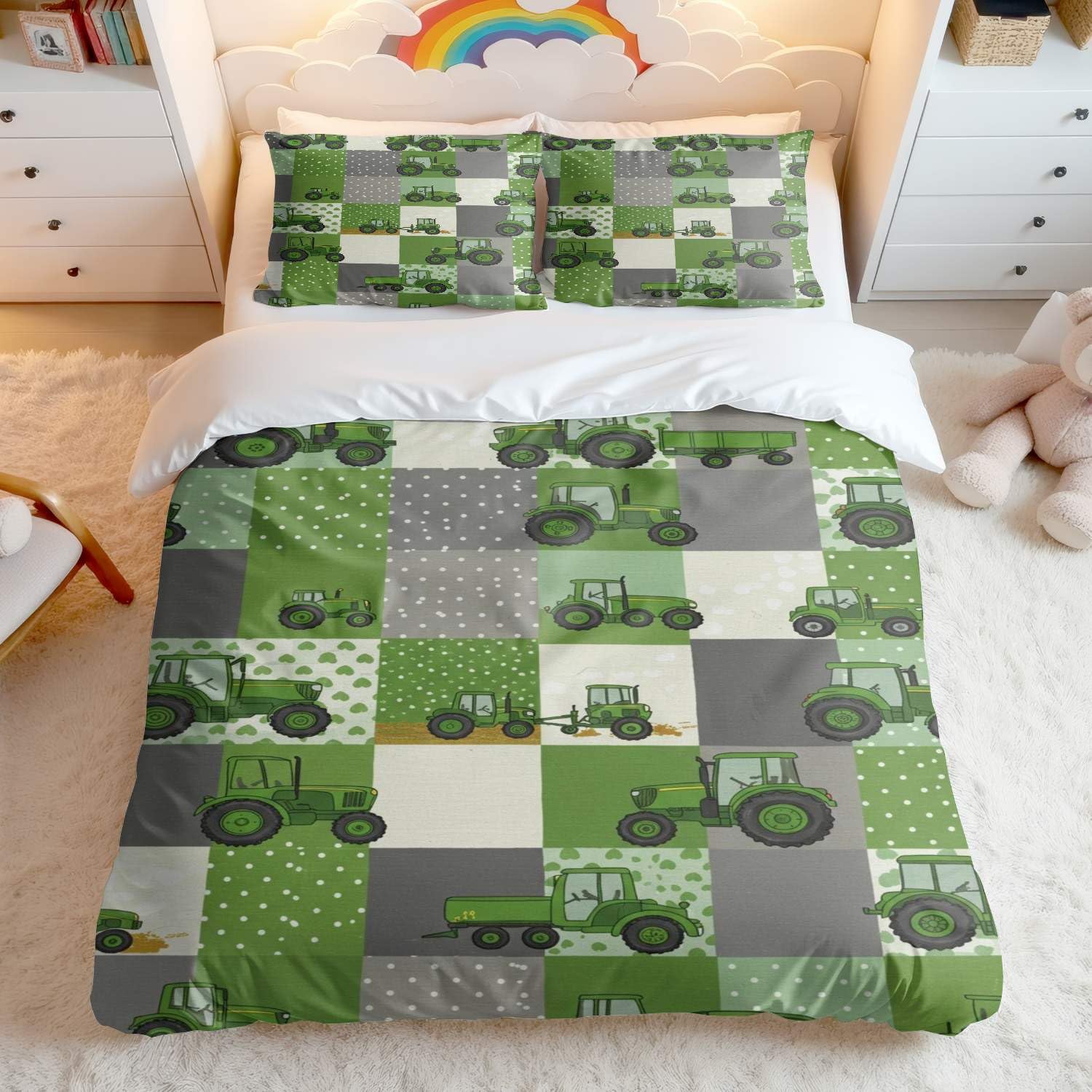 Housse de couette 200x200 tracteur jaune et vert lit 2 personnes