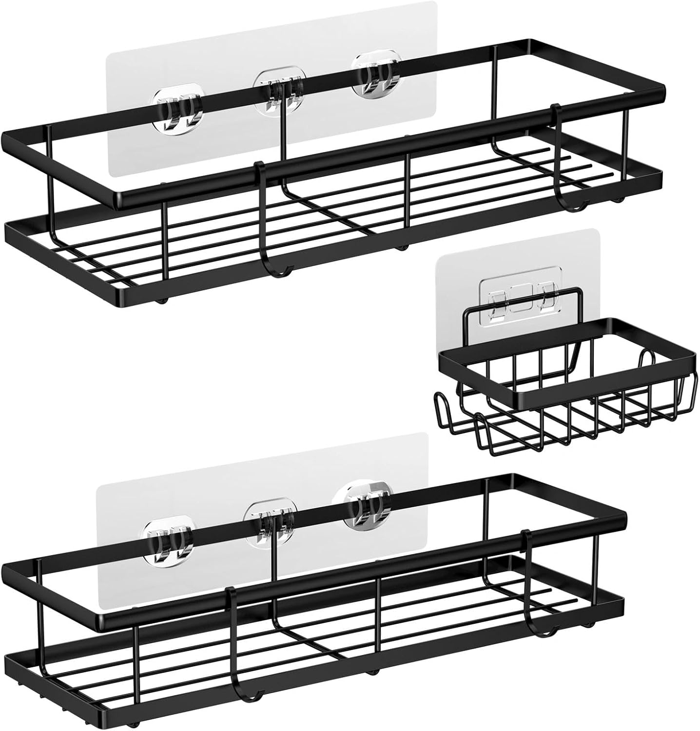 3 Pieces Rust Proof Shower Soap Holder, Shower Shelf Without Drilling with 4 Removable Hooks, Wall Mounted Shower Shampoo Holder, Bathroom Adhesive Shelves for Kitchen(Black)
