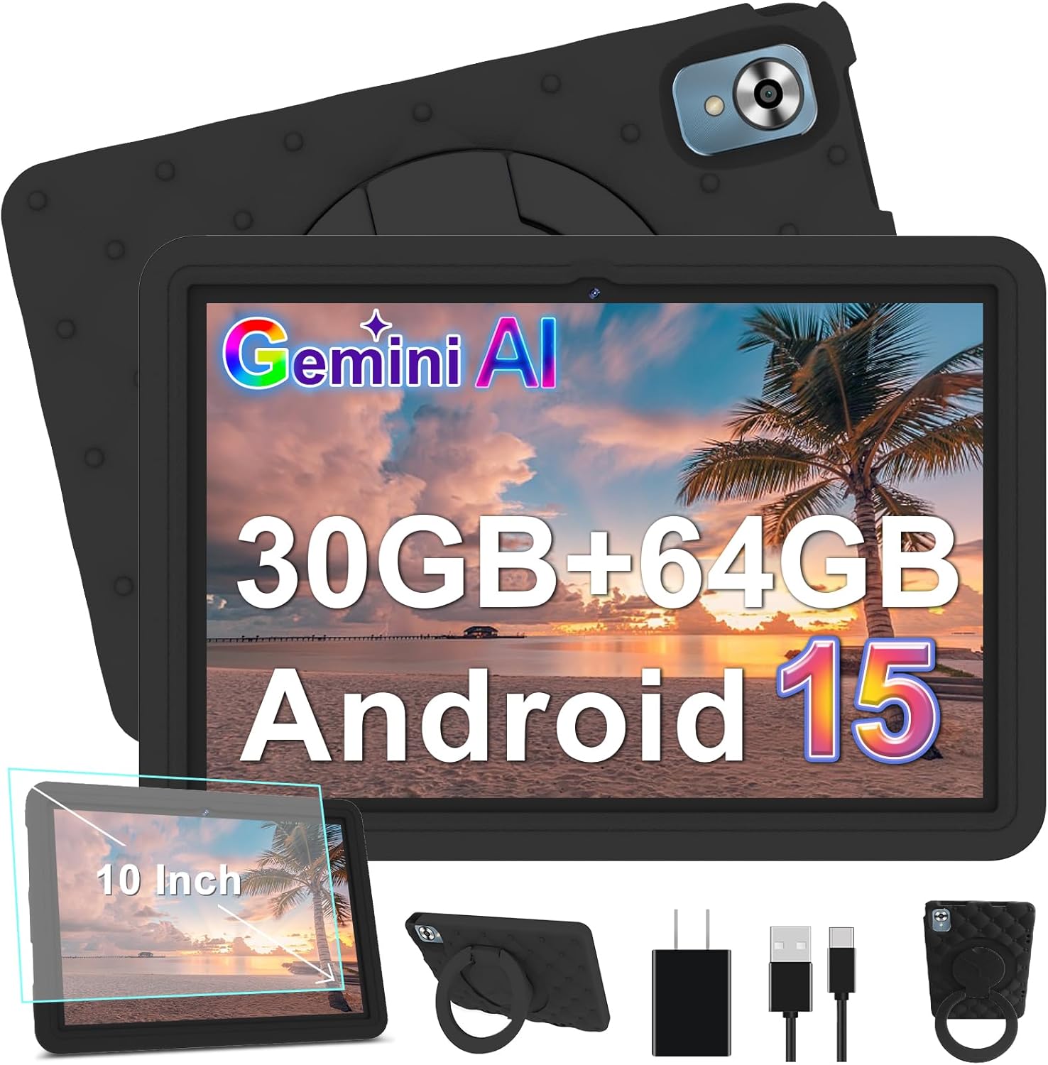 DMOAO 2026 Tablet 10 inch Android 15 Tablets 30GB RAM 64GB ROM 1TB Expand, 6000mAh Octa-Core Tablet with Drop-Proof Case, Gemini AI, HD IPS Display, GPS, 5G WiFi, Split-Screen, Widevine L1-Black