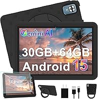 DMOAO D7 Android 15 Tablet 10.1 Inch, 30GB RAM 64GB ROM Expand to 1TB, Octa-Core 6000mAh Kids Tablet with Drop-Proof Case, WiFi 6 Black