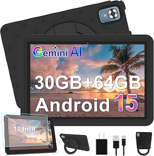 DMOAO D7 Android 15 Tablet 10.1 Inch, 30GB RAM 64GB ROM Expand to 1TB, Octa-Core 6000mAh Kids Tablet with Drop-Proof Case, WiFi 6 Black
