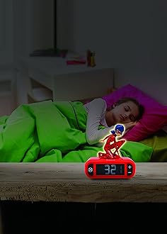 Lexibook, Miraculous Ladybug Cat Noir, Ladybug Nightlight alarm clock, Sounds and Melodies, LCD Backlit screen, Luminous, Snooze, Red, RL800MI
