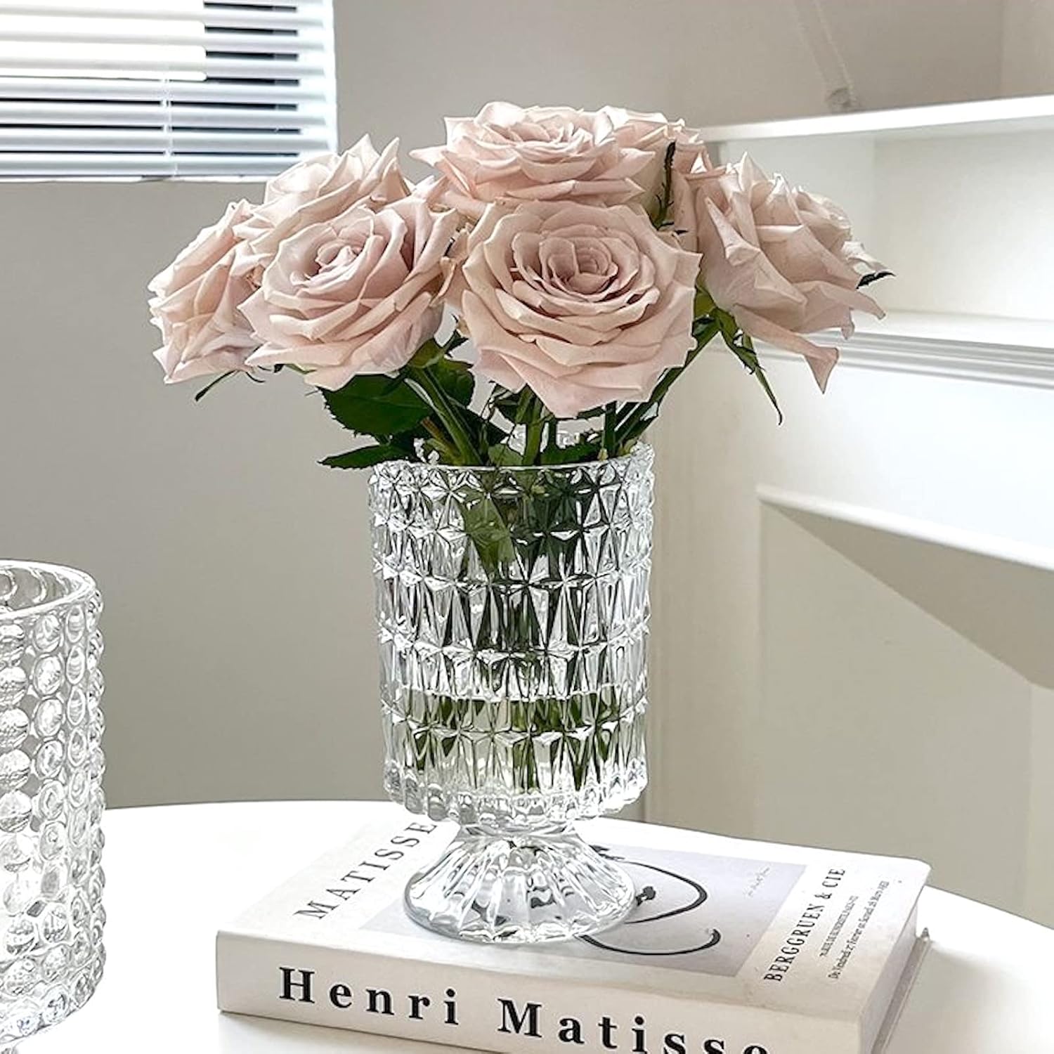 BLOFLO Embossed Glass Vase, 7'' Crystal Glass Vases, Pedestal Big Base Glass Bouquet Vase, Hydroponic Glass Transparent Vase for Home Office Wedding Dining Table Party (Long Rhombus Pattern) - Image 2