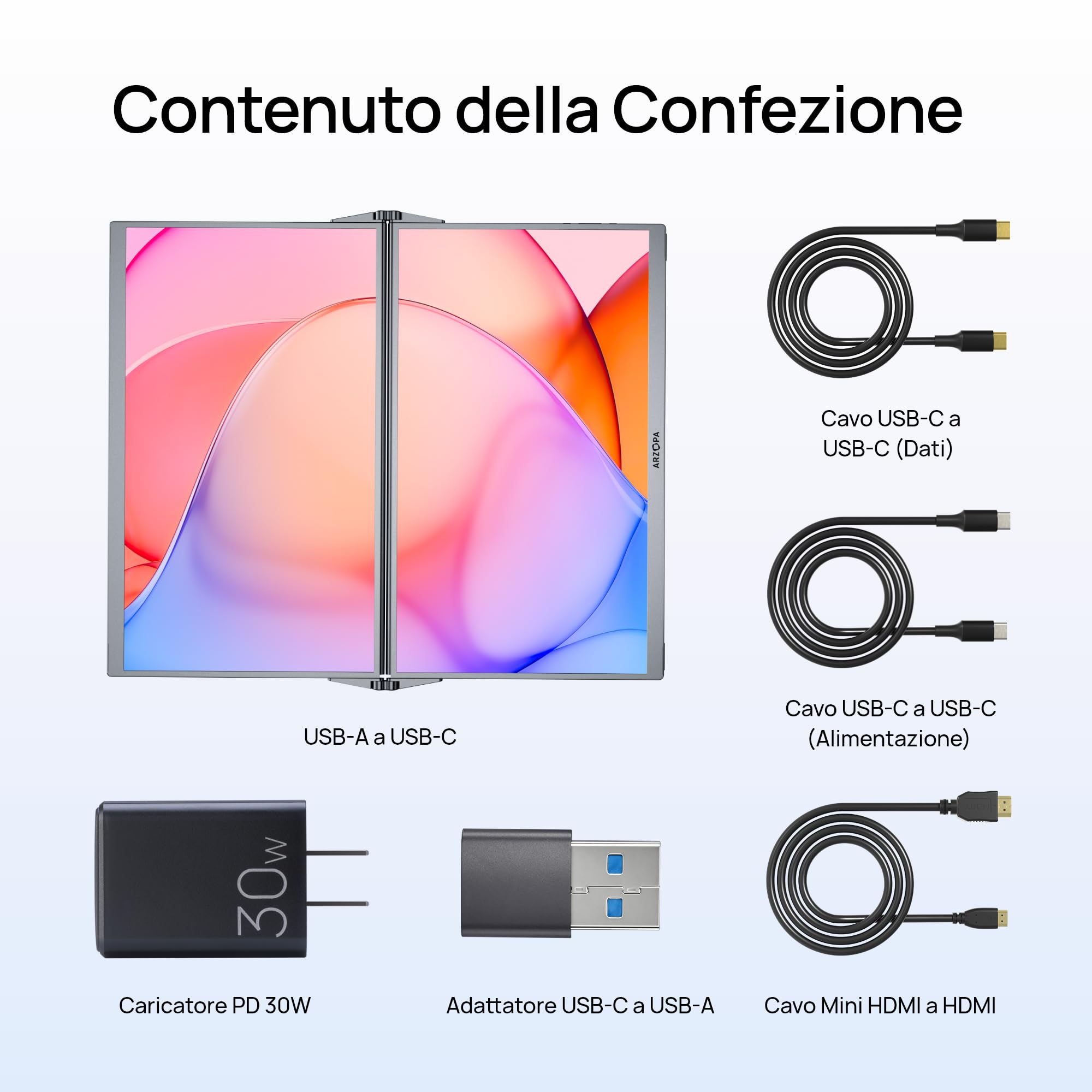 ARZOPA Monitor Portatile Doppio Schermo 15,6'' - FHD 1080P IPS 100% sRGB con Luce Blu Ridotta, Supporto Regolabile 315°, Plug & Play, Laptop Screen Extender per Mac/Phone/Switch/PS5/Xbox - E1