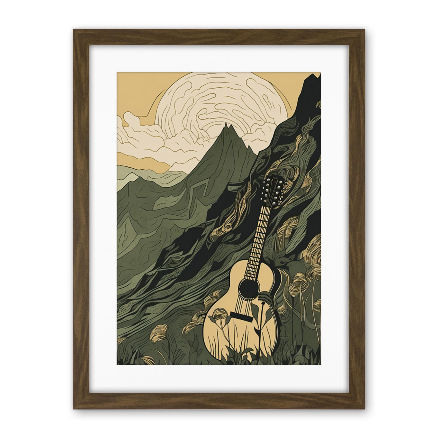 Artery8 Guitar on Mountain Landscape Morning at Campsite Artwork Framed Wall Art Print 18X24 Inch