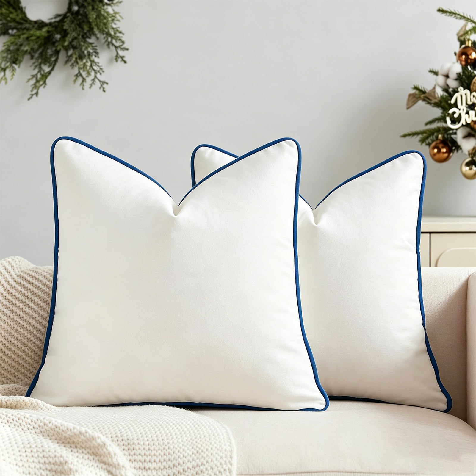 HOSTECCO White Velvet Cushion Covers 45x45 cm with Blue Piping Trim, 2 Pack Soft Decorative Square Throw Cushions, Nordic Style Cushion Cases for Living Room Sofa Bed Chair Home Decor โ image 1