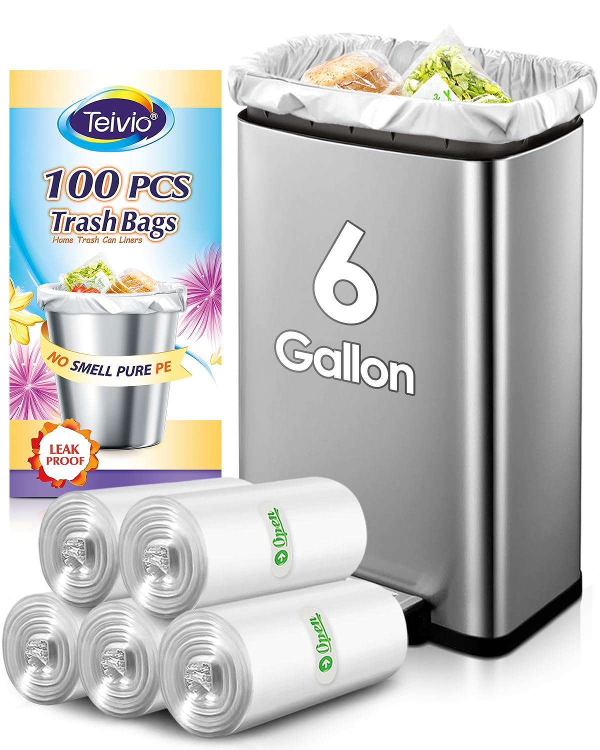 Teivio 6 Gallon 100 Counts Clear Trash Bags Garbage Bags, Mini Waste Basket Liners,Bathroom Trash Can Bin Liners, Small Plastic Bags for Home Office Kitchen Car Bedroom Dog waste Baby Diaper