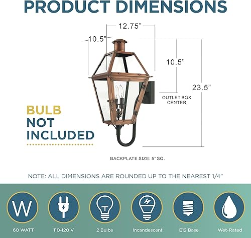 Miniatura 3 de Quoizel RO8311AC Rue De Royal Charleston - Farol de cobre con iluminación exterior antigua, cristal templado transparente, 2 luces, 120 vatios