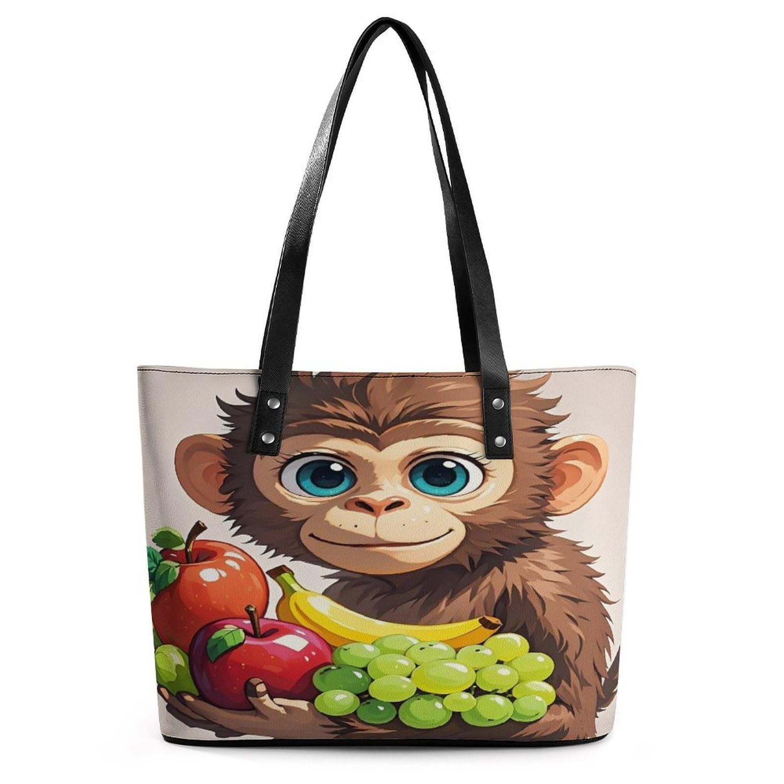 Monkey Holding Fruit Handbag for Women Leather Tote Bag Exquisite Satchel Bags for Leather Ladies Handbag