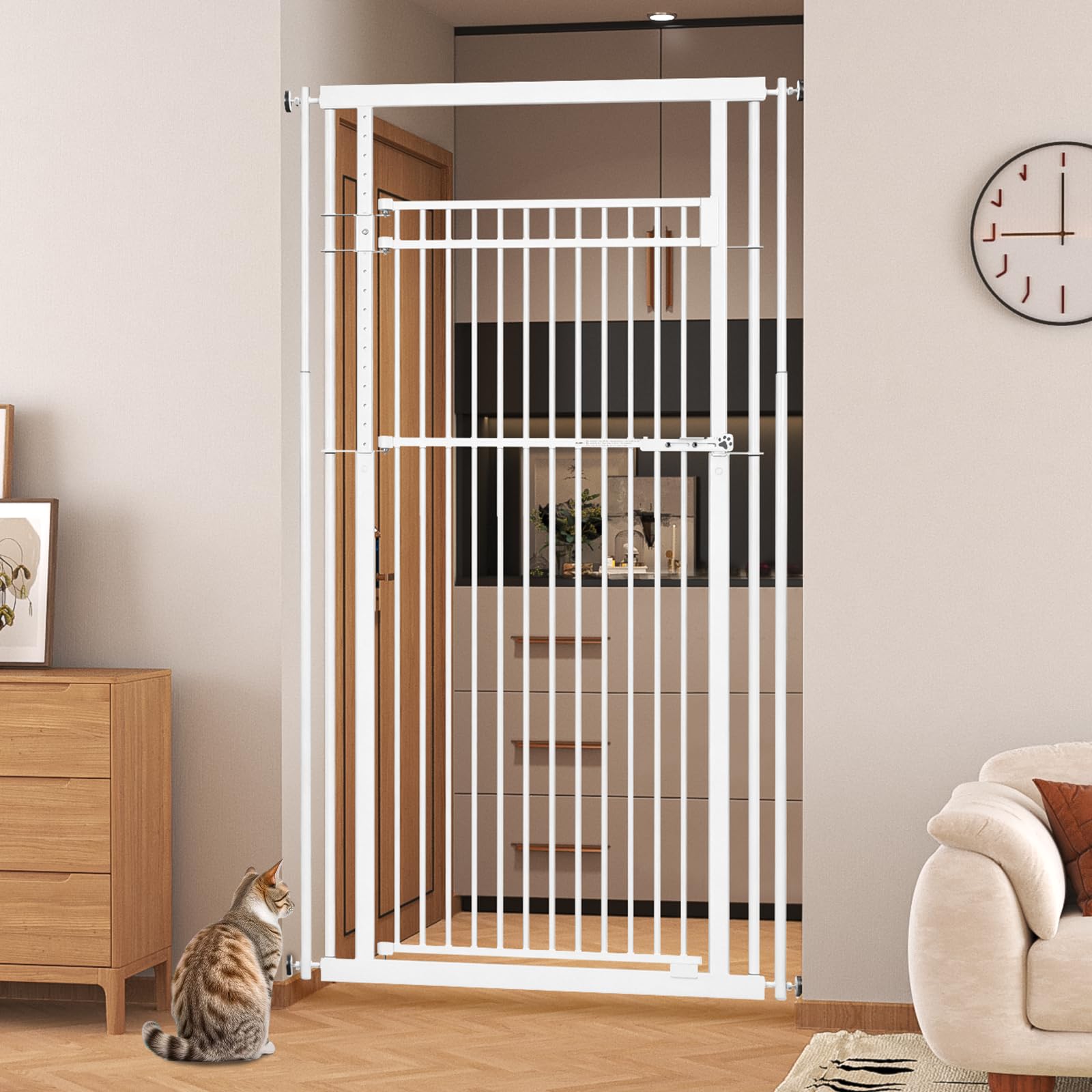 78.8" extra tall pet gate for cat/dog, 32.8-37.4" wide tall cat gate for doorways/hallways, no drilling pressure mounted dog gate for stairs, studio, kitchen (white)