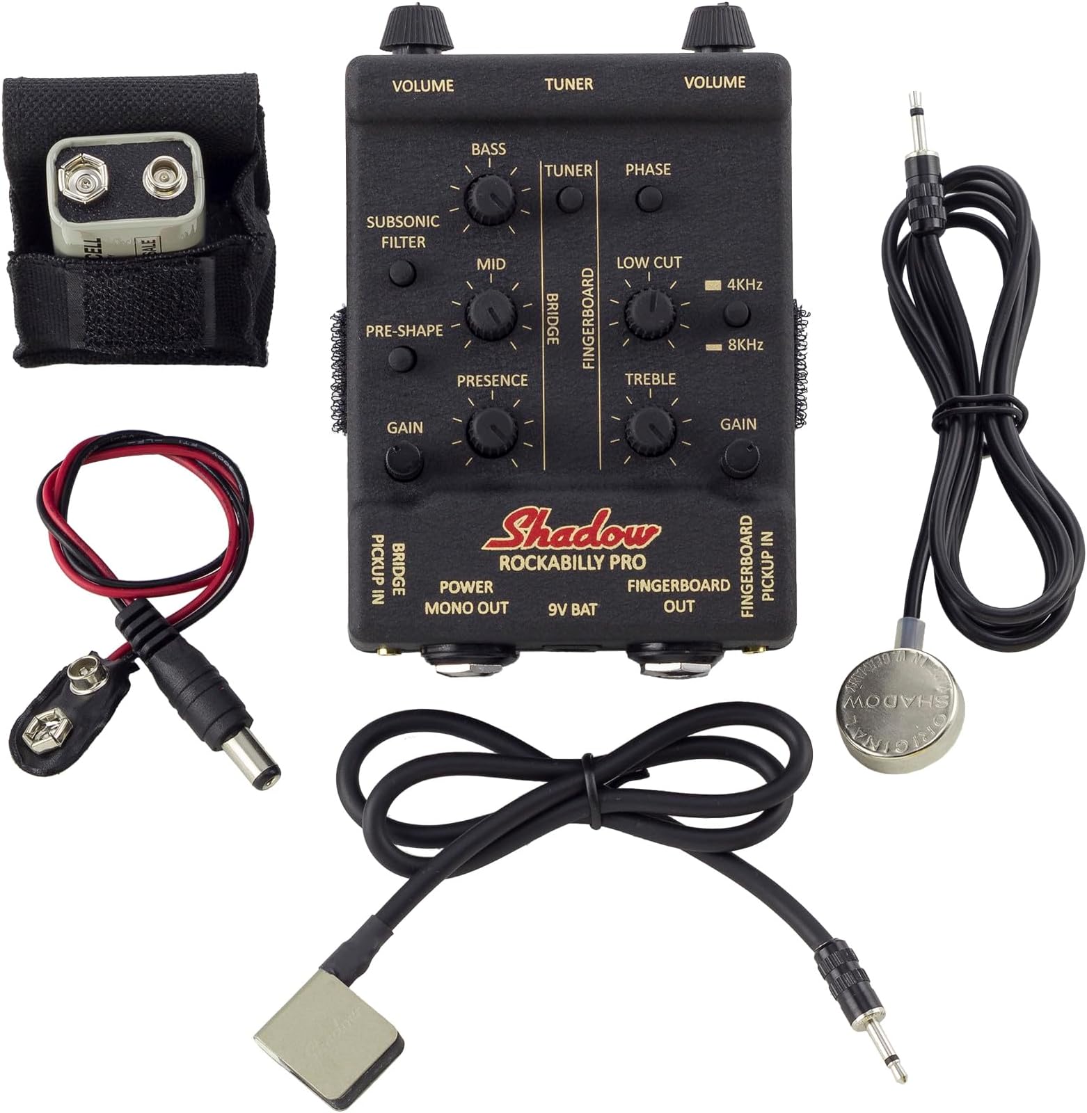 Rockabilly Pro Upright Bass Pickup & Preamp Combo, Black, 2 Channels, Solid State, Compatible with Double Bass