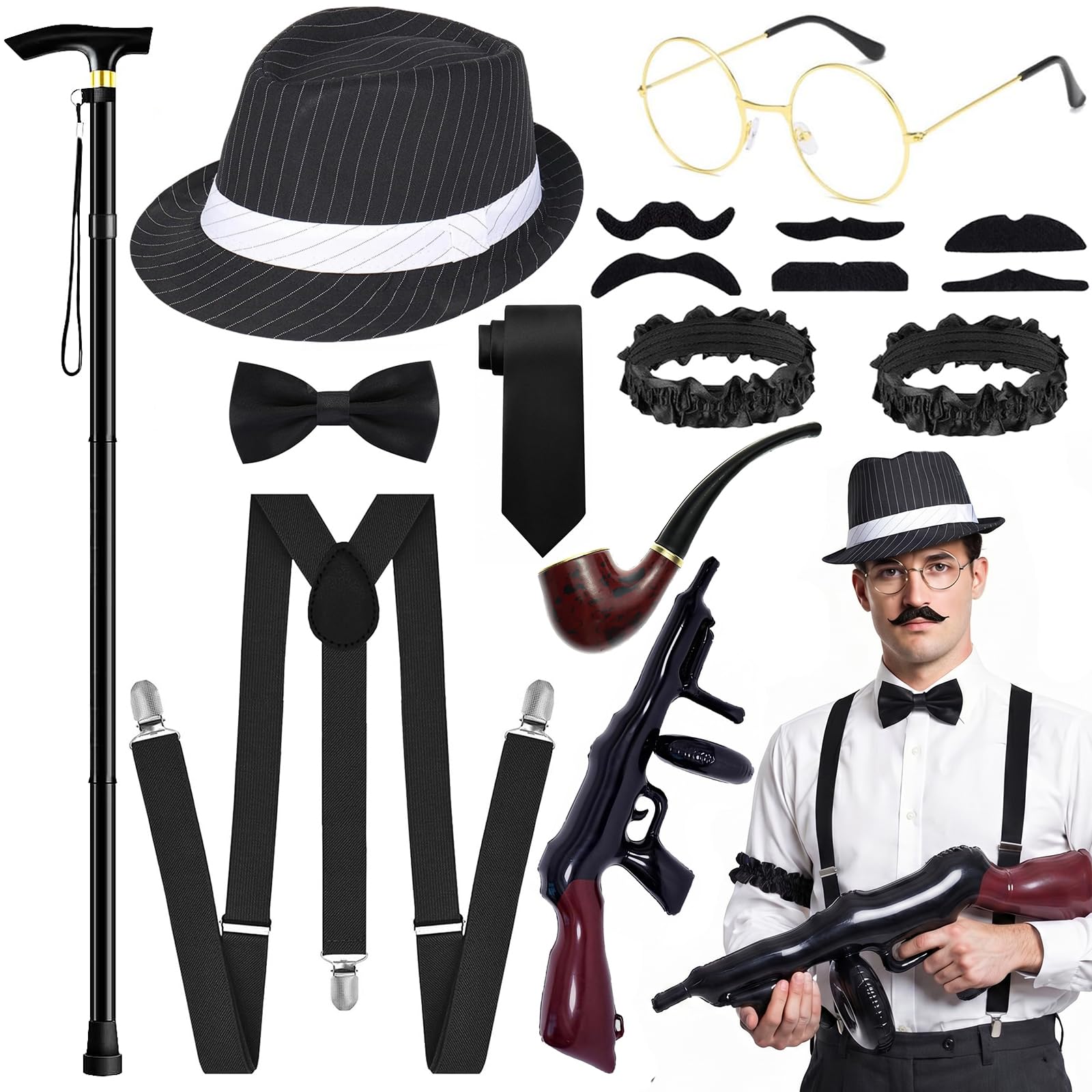 1920s Accessories for Men, Great Gatsby Fancy Dress Set with Fedora Hat Suspenders Bow Tie Fake Beards Glasses Inflatable Gun Folding Cane for Roaring 20s Gangster Costume for Party (Black Stripes)