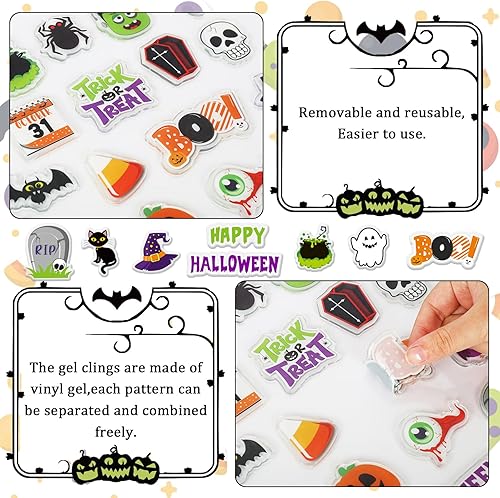 Miniatura 6 de Whaline 40 calcomanías de gel gruesas para Halloween, calabaza, gato negro, fantasma, murciélago, ventana, calcomanías de gel reutilizables, para
