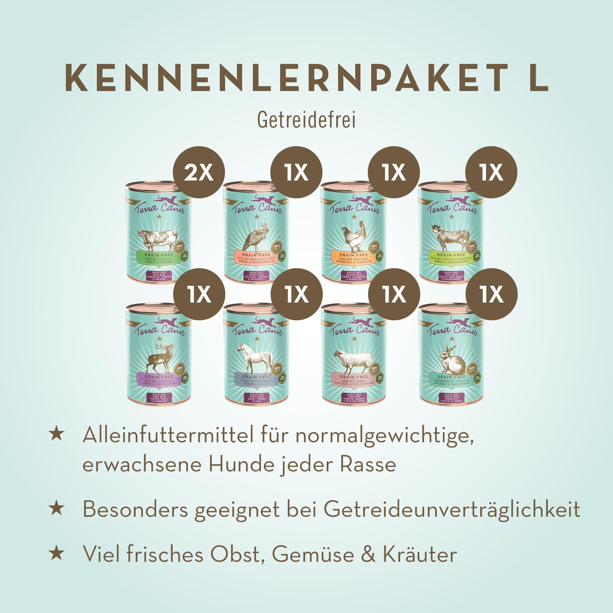 Terra Canis Kennenlernpaket L, Getreidefrei Hundefutter nass 9 x 400 g – Premium-Nassfutter für ausgewachsene Hunde Aller Rassen, mit Rohstoffen 100% Lebensmittelqualität
