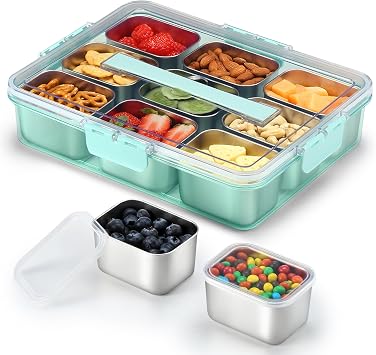 Snackle Box Container, Stainless Steel Snack Containers for Adults, 9 Compartments Divided Serving Tray with Lids and Handle, Portable Snack Platter for Parties, Green