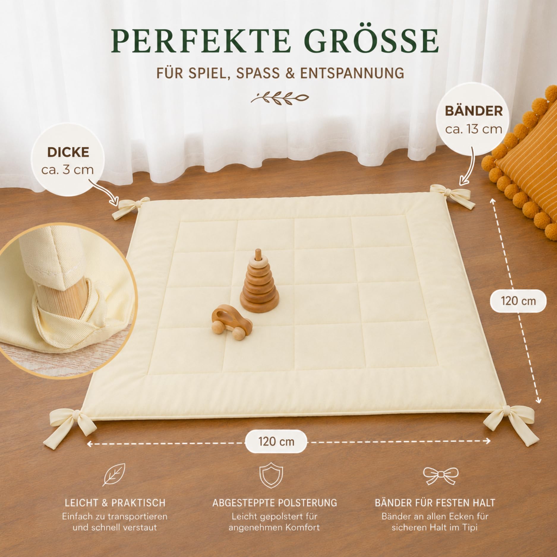LIONHERZ® Tipi Decke mit Bändern 120x120cm | Spielzelt Matte Kinder | gepolstert & abgesteppt | quadratische Krabbeldecke | Bodenmatte Tipi, Spielhaus, Laufstall & Bällebad | Kinderdecke