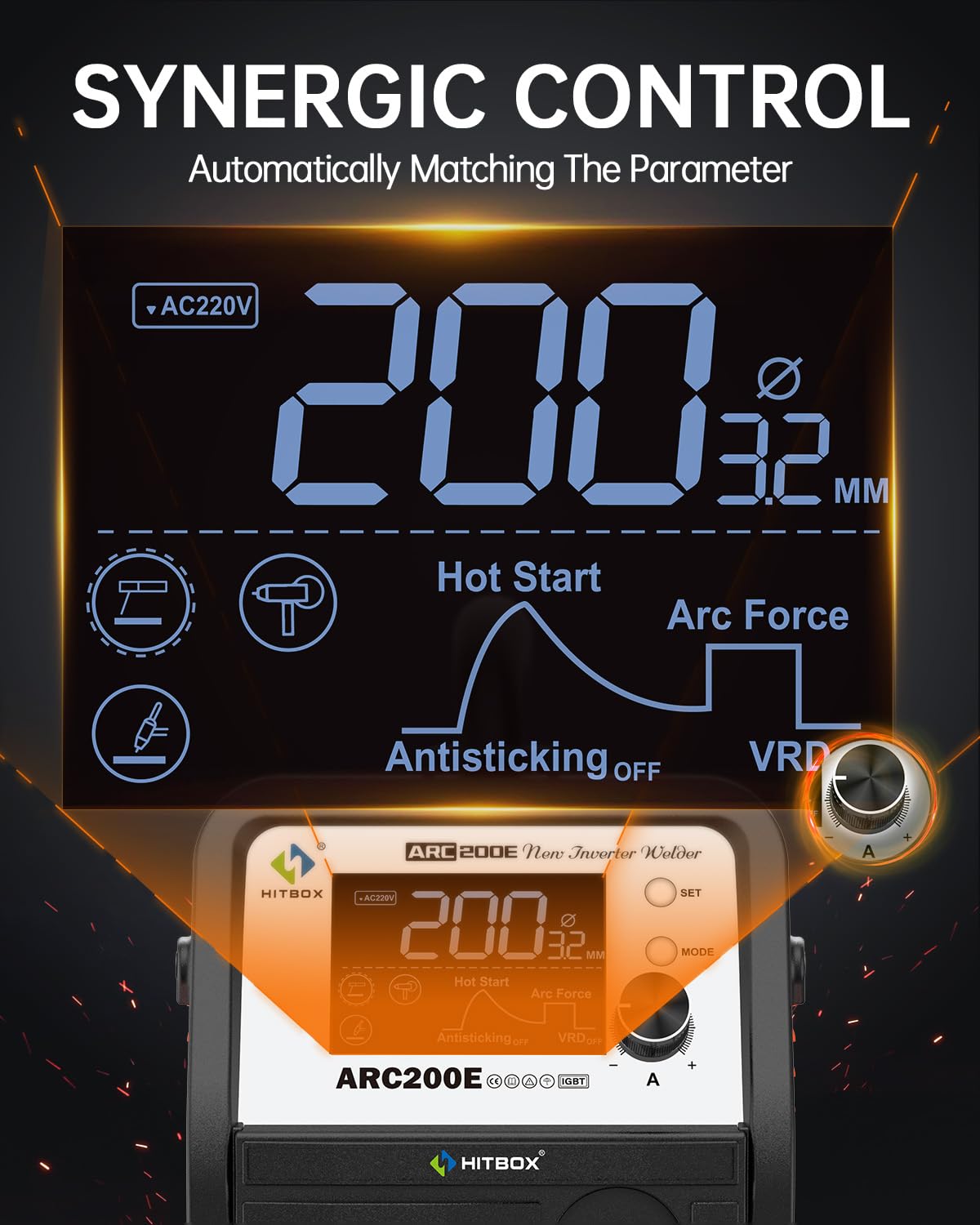 HITBOX ARC200E Soldador Inverter 200A, maquina de soldar electrodo IGBT DC MMA/Lift TIG, MIG con hilo tubular compatible, control sinérgico, Hot Start, Anti-Stick, 230V con pantalla TFT-LCD