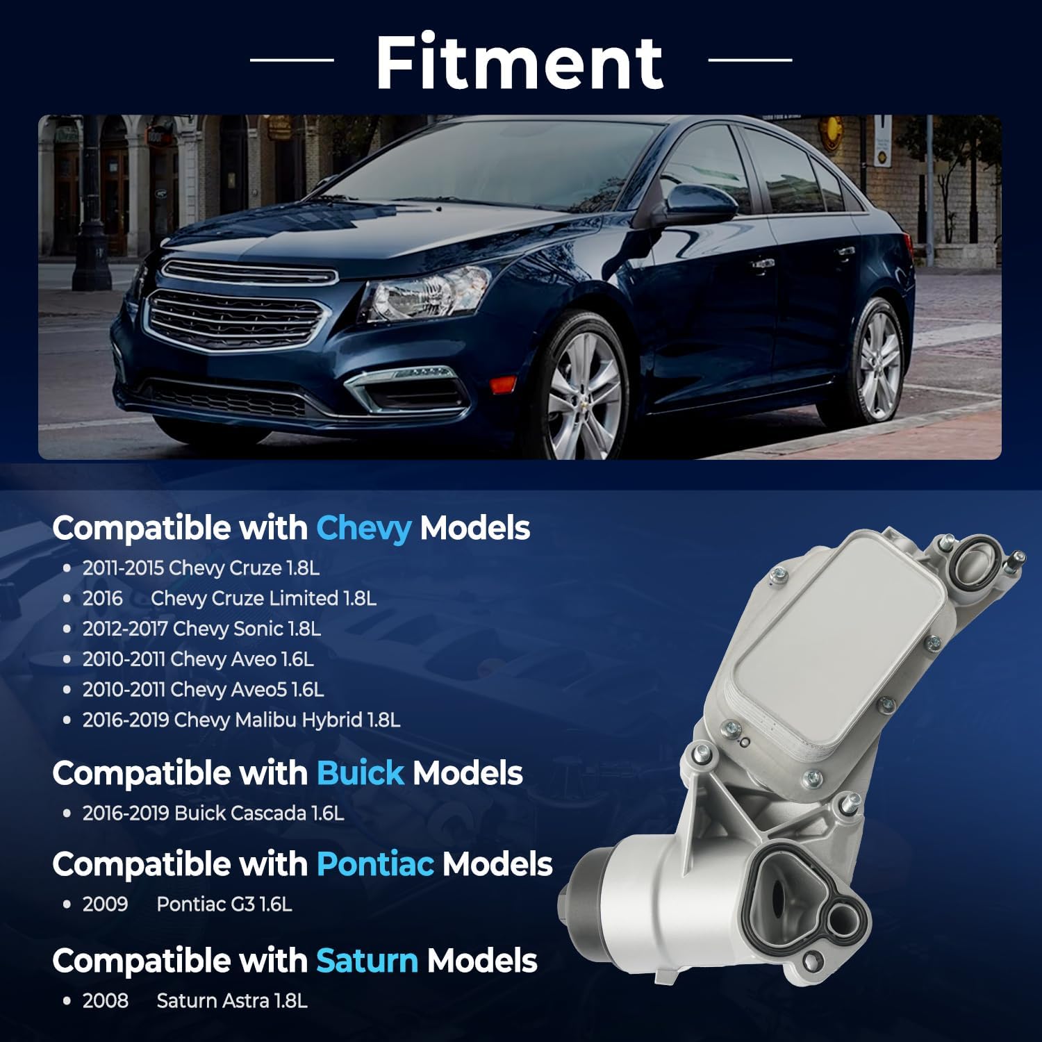 Engine Oil Cooler Filter Housing Assembly Adapter with Gaskets Compatible with 2008-2019 Chevy Cruze Sonic Aveo Malibu, Buick Cascada, Pontiac G3, Saturn Astra 1.6L 1.8L Replaces 918-432 25199751