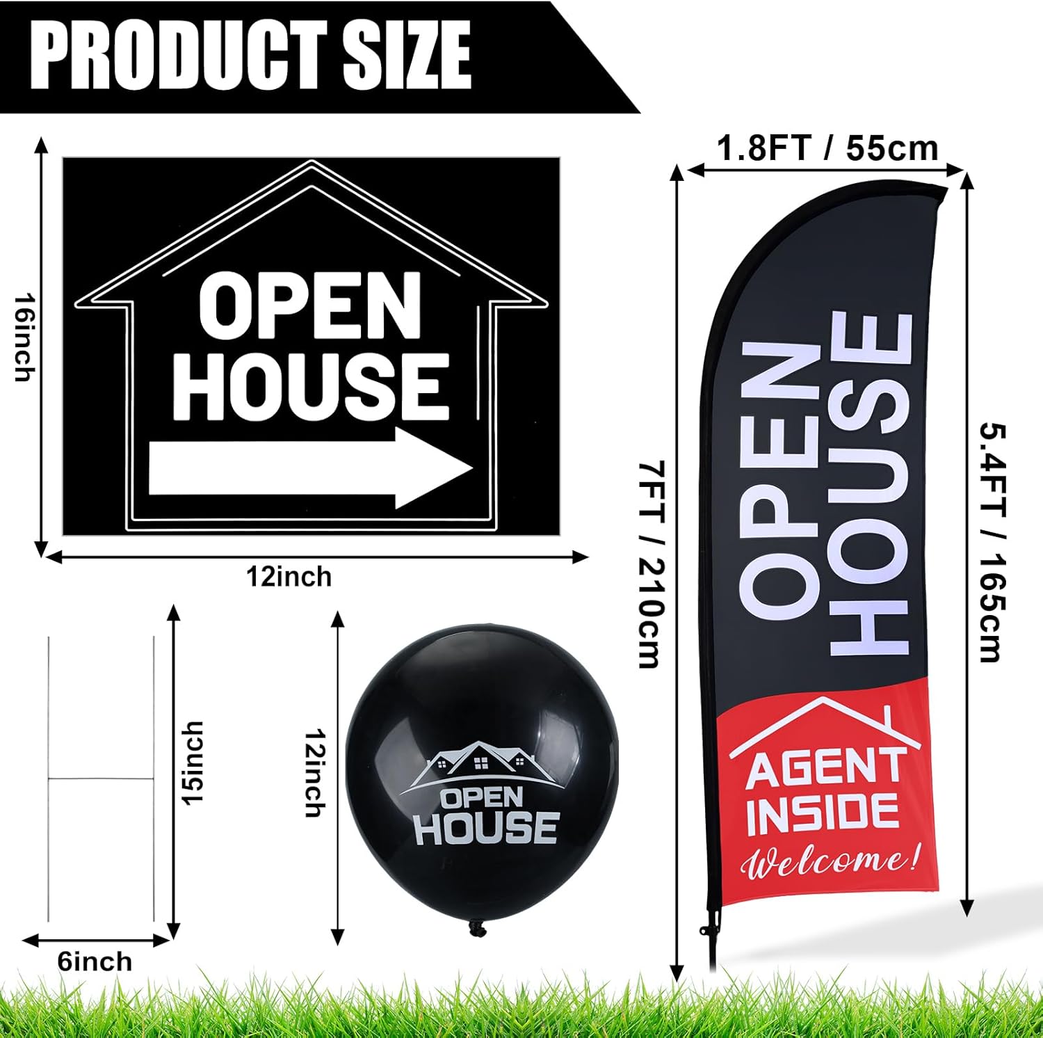 Buryeah Open House Signs Set (36 Pcs Total), 1 Open House Flag with Pole Kit for Yard, 5 Double Sided Real Estate Business Agent Directional Arrows Signs with Metal Stakes and 30 Balloons(Black)