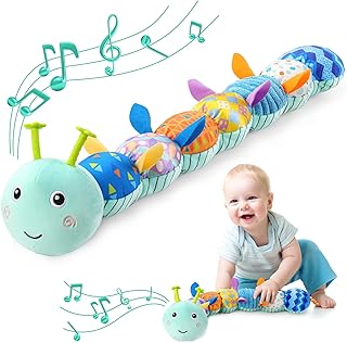 Awotoy Baby Toys 0 to 12 Months, Musical Stuffed Animal Activity Soft Toys with Multi-Sensory Crinkle, Rattle and Textures, Infant Tummy Time Toys for Newborn Boys Girls, Caterpillar, Blue