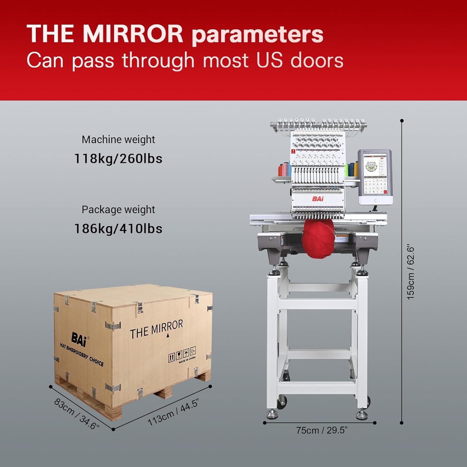 Diagram showing the dimensions and weight of the BAi The Mirror Embroidery Machine and its packaging