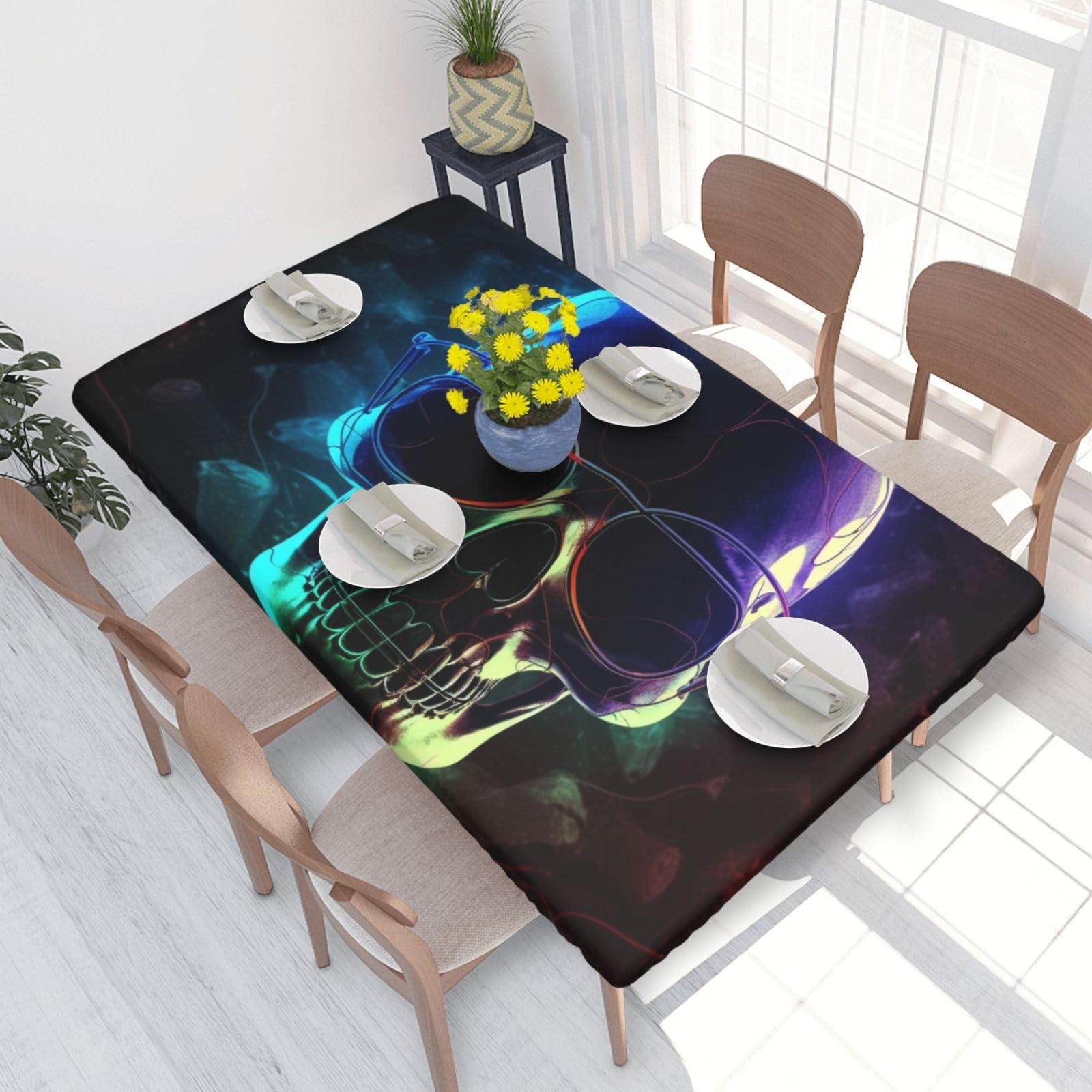 DCARSETCV Cool Skull Printed 4FT Waterproof Tablecloth with Elastic Edged Protect & Decor Your Table, Oil-proof Washable Table Cloth Cover for Dinner Picnic Party