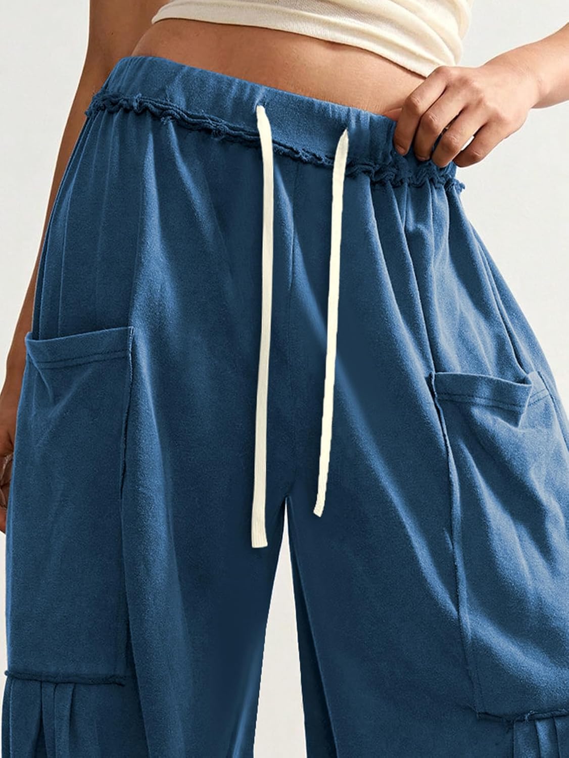 ZAFUL Boho Casual Pants for Women Baggy Pant Ruched Flowy Bottom Elastic Drawstring Waist Trouser with Pockets - Image 4