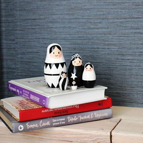 Miniatura 8 de AEVVV Muñecas rusas de anidación en blanco y negro - Juego de 5 piezas - Patrón gráfico moderno - Muñecas de madera ecológicas para decoración del