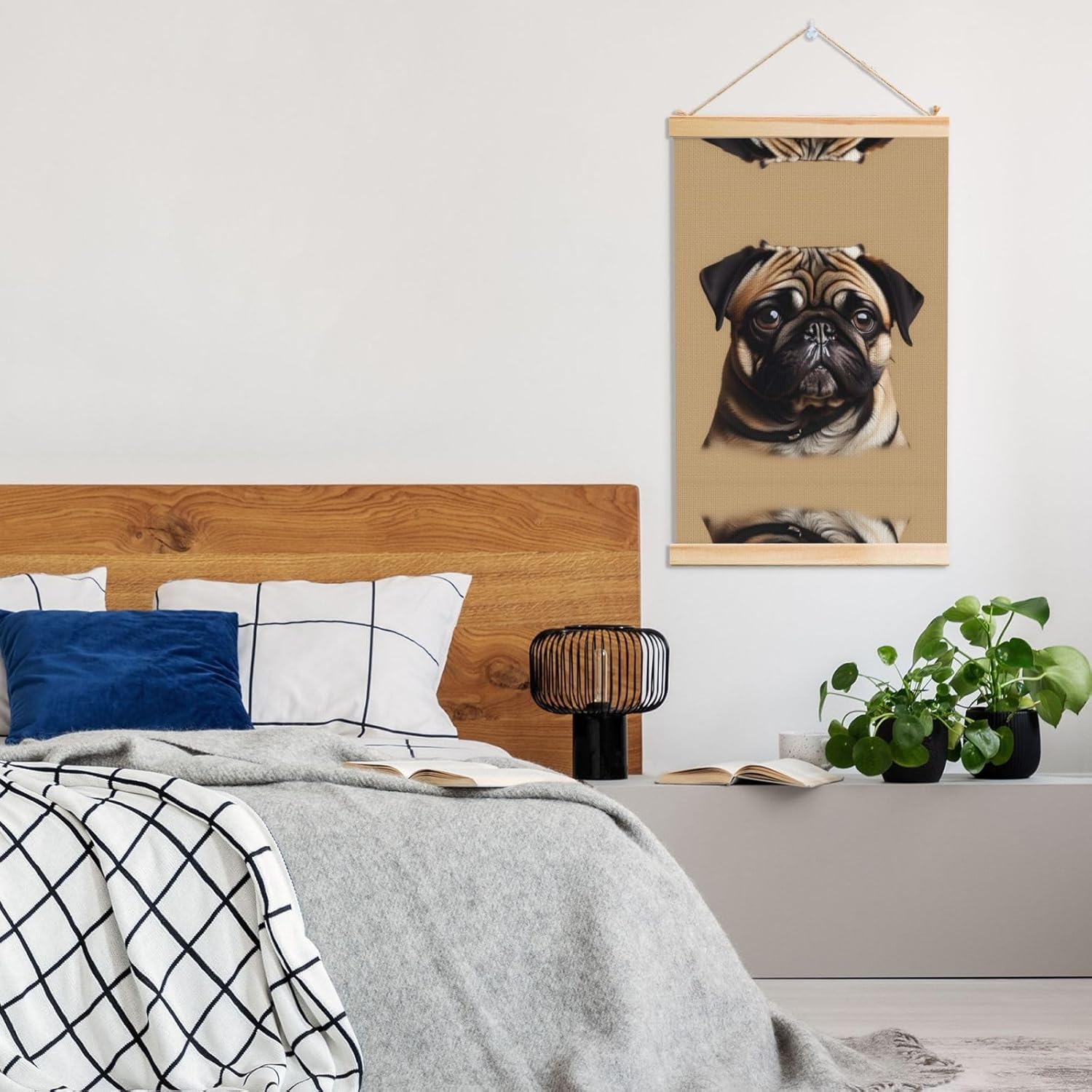 Pug Dogs Print Poster Hanger,Hanging Poster, Poster Frame,Wood Poster Hanger, For Wall Hanging