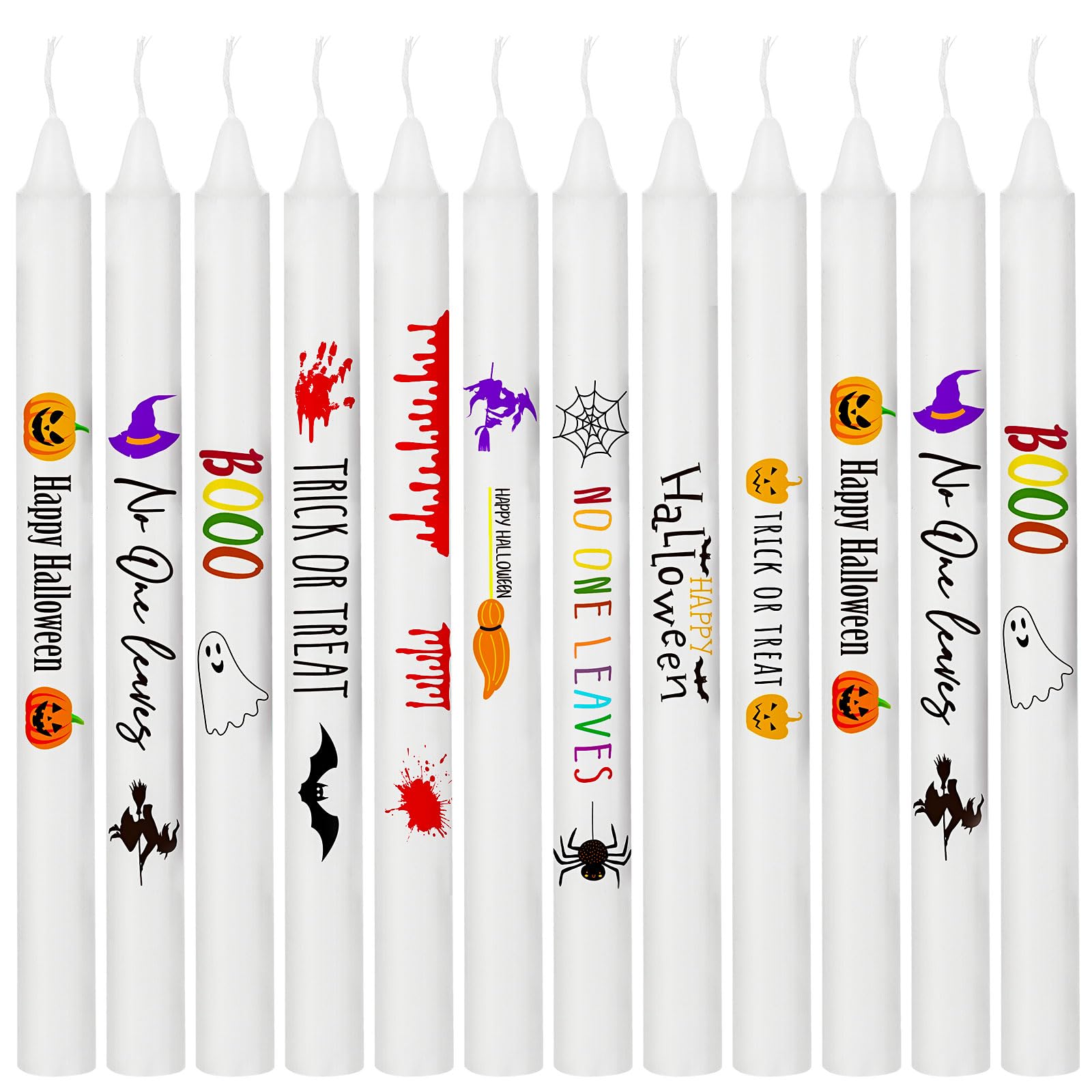 MTLEE 12 Pcs DIY Halloween White Taper Candles 10 Inch Dripless Tapered Candles with 4 Sheets Cute Halloween Stickers for Halloween Dinner Decorations Party Favors, 8 Hours Burn Time