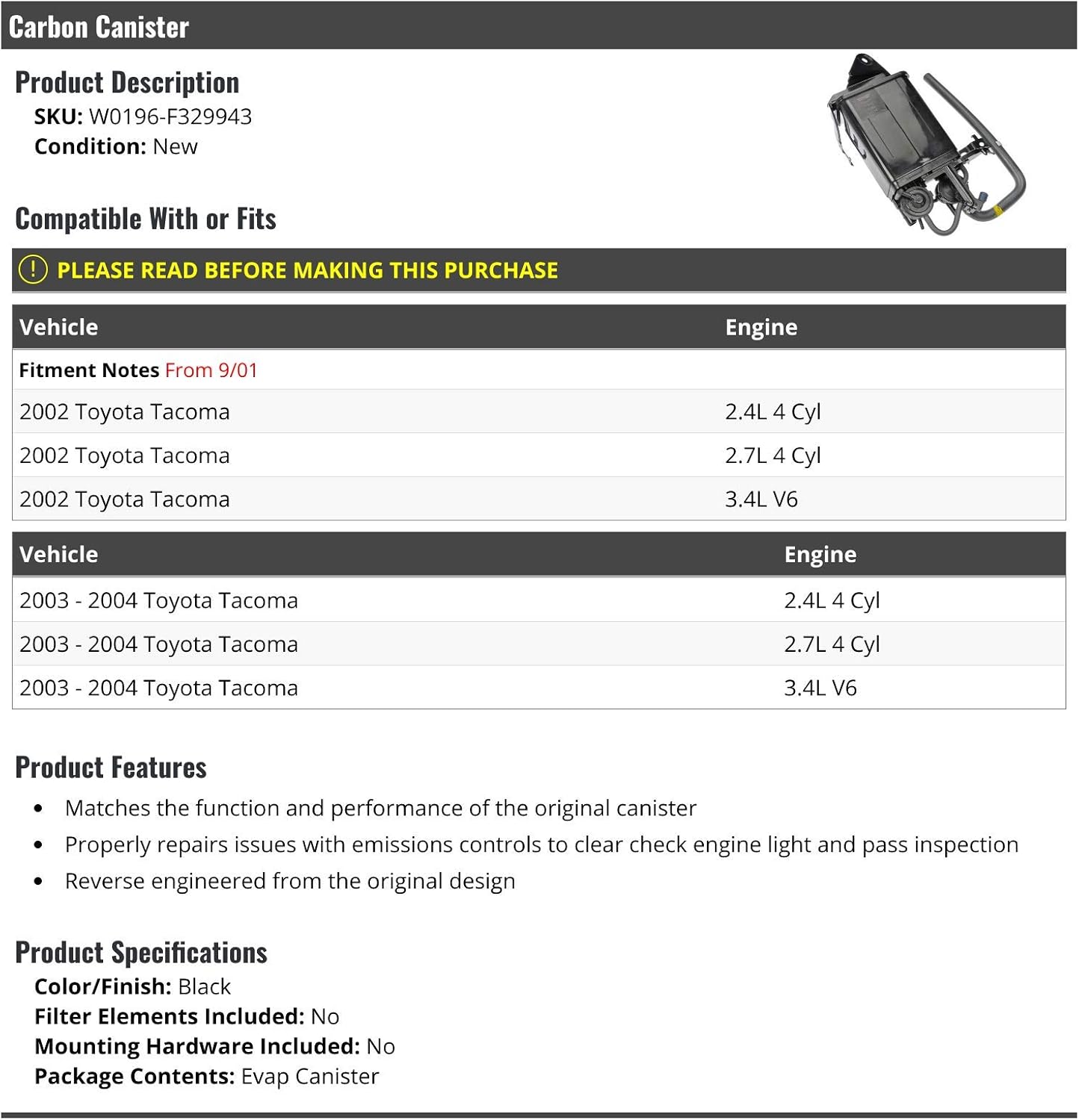 Marketplace Auto Parts, Carbon Canister - Compatible with 2002-2004 Toyota Tacoma (Fits from 9/2001)