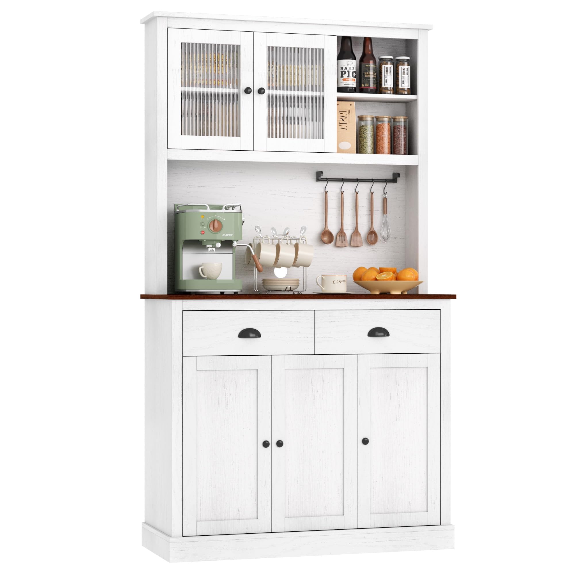 Moderner Küchenschrank, 180 cm – 5 Türen, 2 Schubladen, Vitrine – verstellbare Regale – ideal für Küche und Esszimmer – Washed White