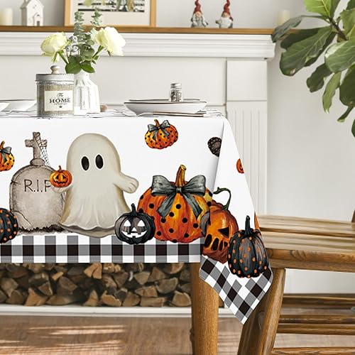 Miniatura 4 de Horaldaily Mantel rectangular de Halloween de 60 x 84 pulgadas, diseño de calabaza fantasma, lavable, para decoración de fiestas, pícnic, cenas