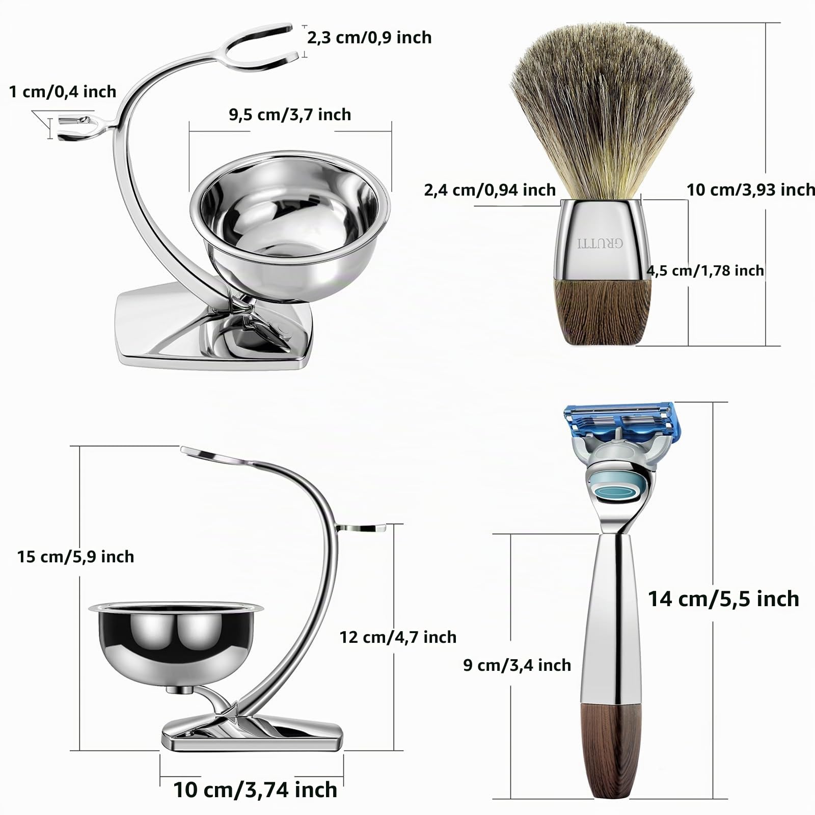 [Compatible Gillette Fusion5] Kit rasage magnétique : Bol inox (bol mousse + évacuation eau brosse) + Support chrome perle – Pratique, décoratif – Cadeau homme