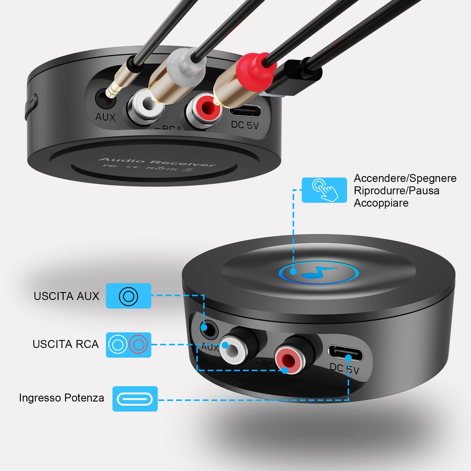 Ricevitore Bluetooth 5.2 HiFi, Adattatore AUX per Stereo Casa, Jack 3,5mm RCA, Audio HD Bassa Latenza