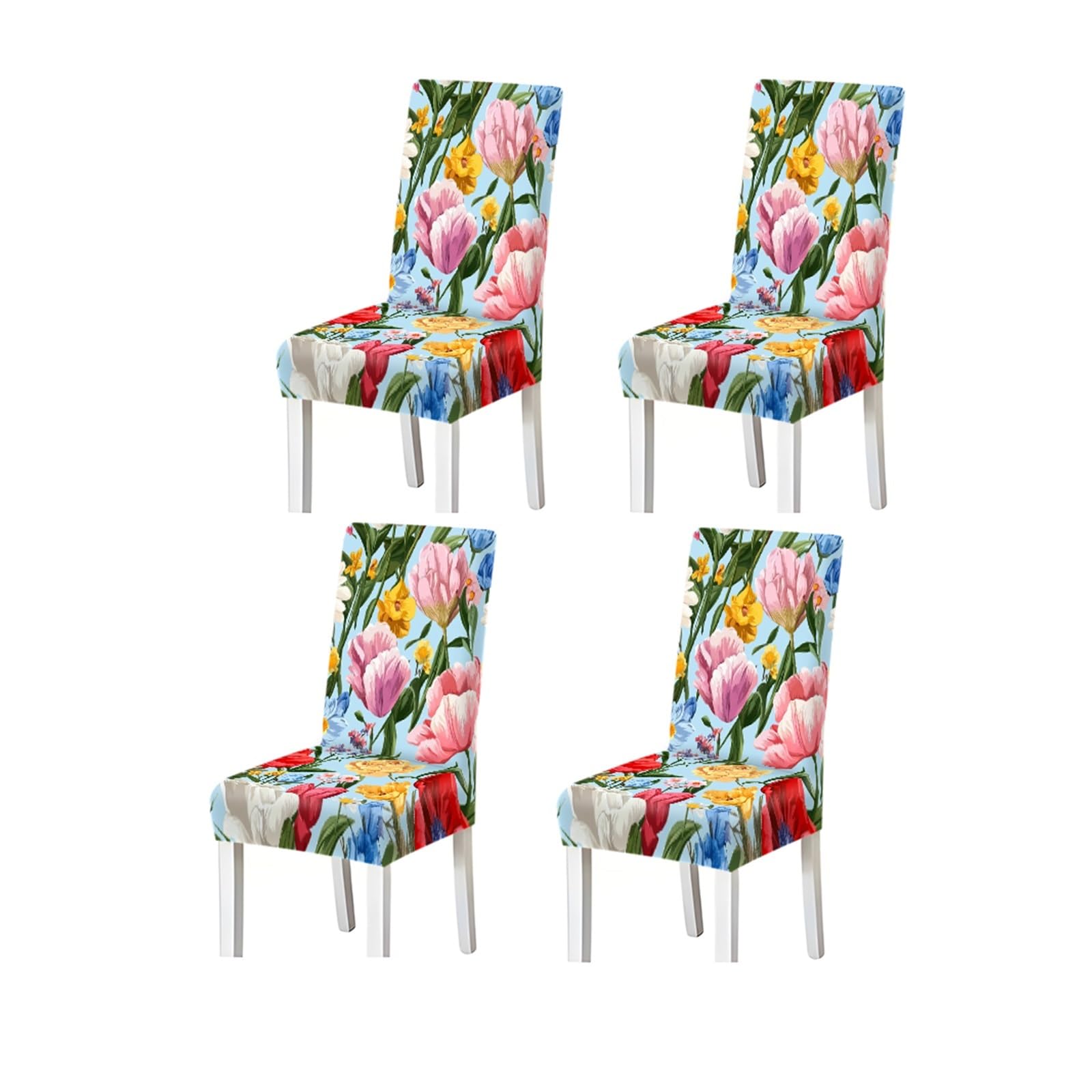 BOSUYBN Spring Tulip Floral Dining Chair Covers Set Of 2/4/6, Stretch Washable High Back Chair Slipcovers, Colorful Garden Home Decor Furniture Protectors for Home Dining Room(4PCSChair cover)