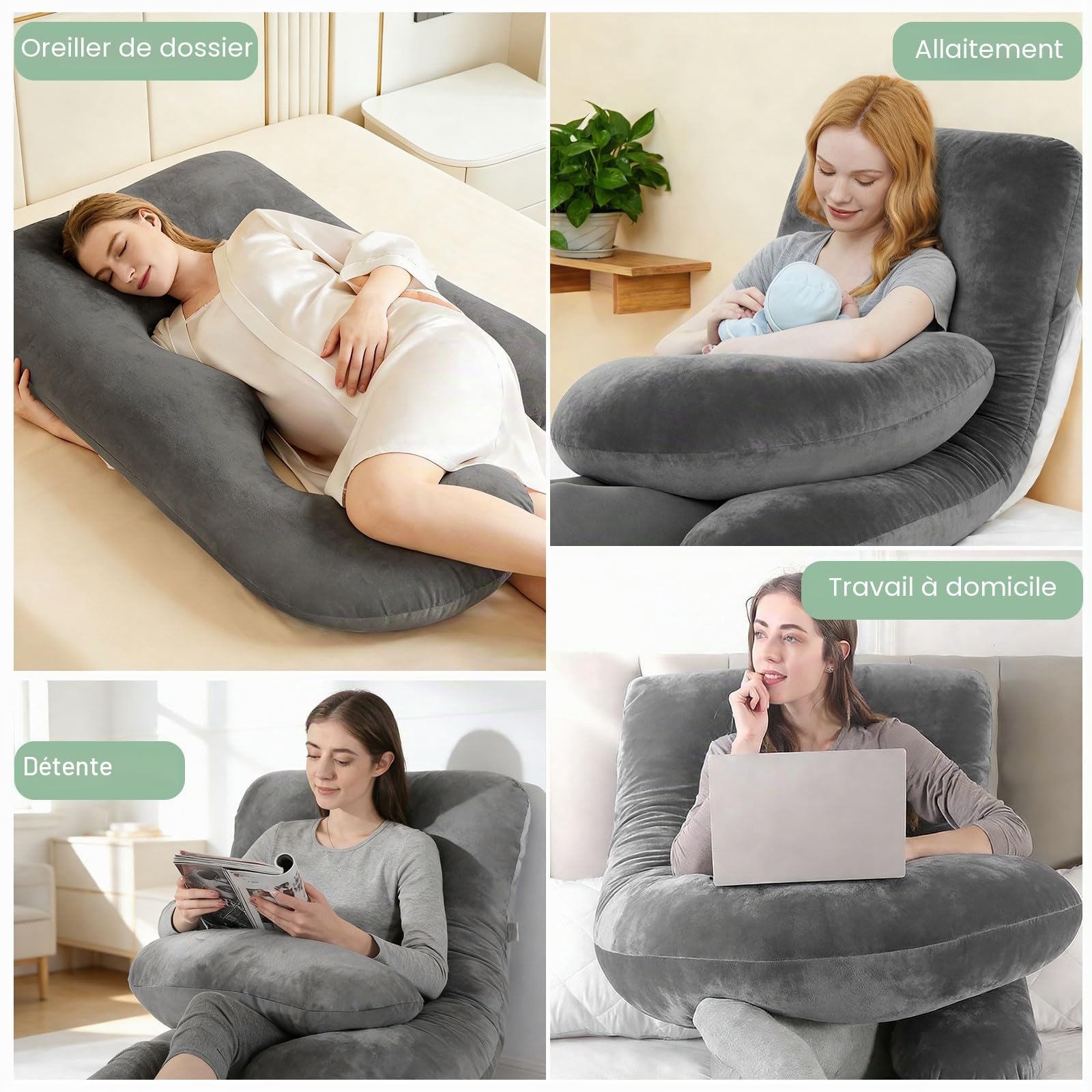 170 CM Coussin de Grossesse pour Dormir, Oreiller de Corps Complet en Forme de U, Soutien pour Le Dos, Les Hanches et Les Jambes des Femmes Enceintes, avec Une Housse en Velours Lavable (Gris)