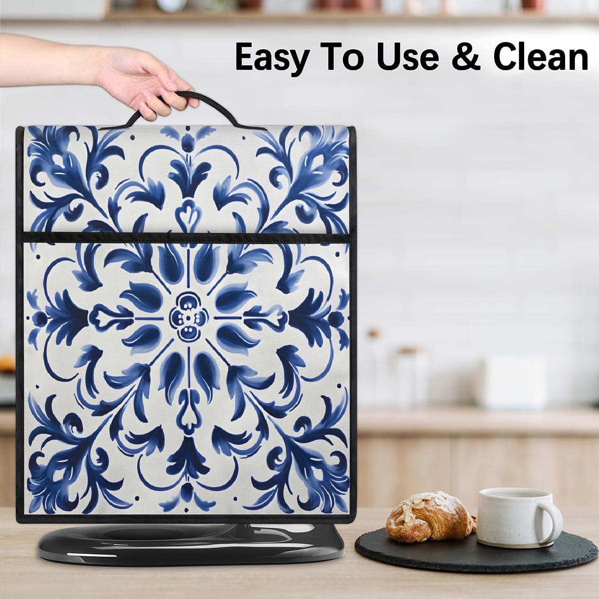 Mixer Cover Retro Blue Tiles Flower Kitchen Aid Stand Mixer Cover Waterproof Coffee Maker Machine Dust Cover with Pocket, Kitchen Counter Appliance Covers Mixer Assecories