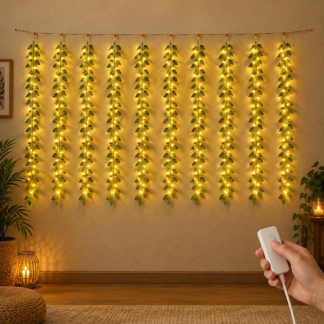 gesto curtain led string light for home decor – fairy lights with 8 modes controller | artificial leaf hanging led light for room decor,birthday decoration,wall decoration,diwali decoration(10x3feet)