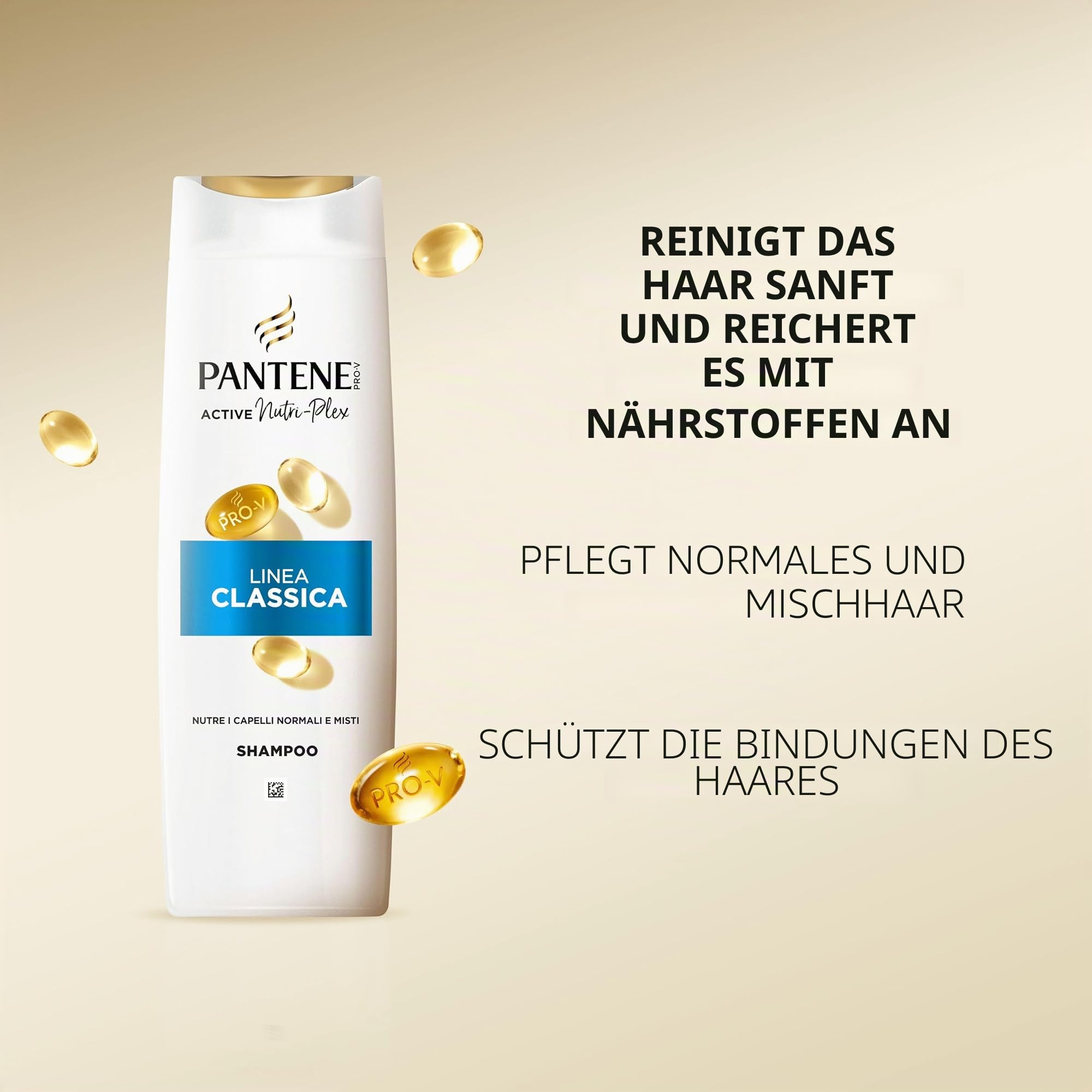 Pantene Pro-V Shampoo mit klassischer Linie für normales und gemischtes Haar, reinigt sanft und schützt die Bindungen des Haares, für den täglichen Gebrauch, ohne Mineralöl und Farbstoffe,