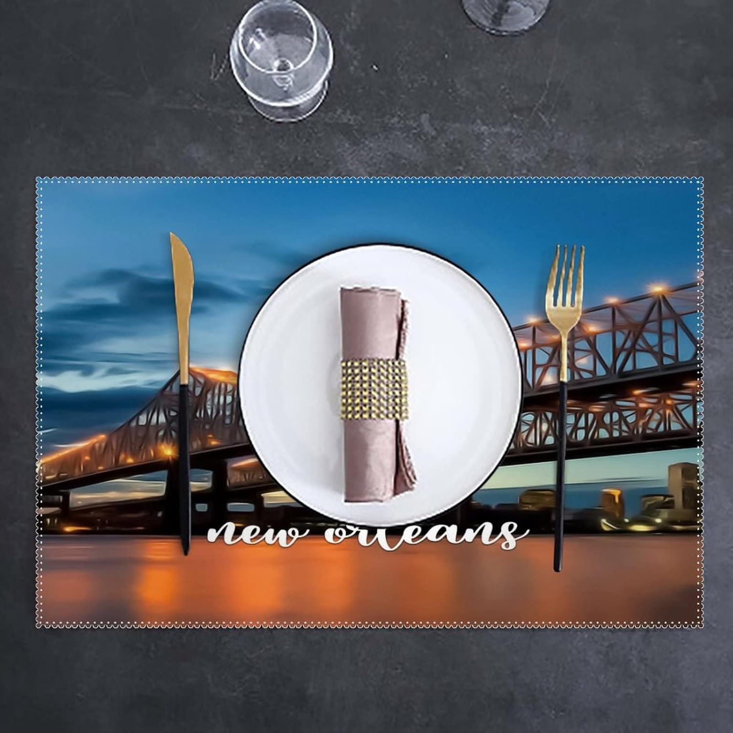American Louisiana State New Orleans Placemats for Dining Table, New Orleans Scenery Cityscape Heat Resistant Place Mats, Washable PVC Table Mats, Non-Slip Stain Resistant Kitchen Table Placemat