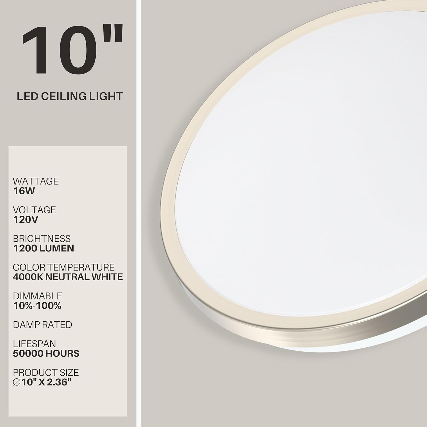 DYMOND LED Ceiling Light Flush Mount 10 Inches Ceiling Light Fixture Dimmable for Bathroom, Kitchen, Laundry Room (4000K Natural Daylight, 10 inches)